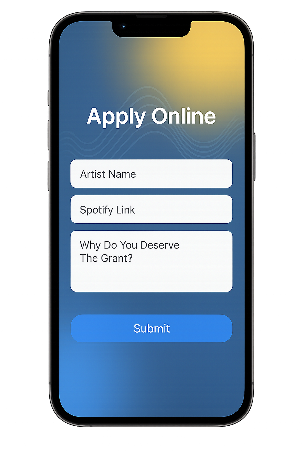 iPhone mockup showing online application screen