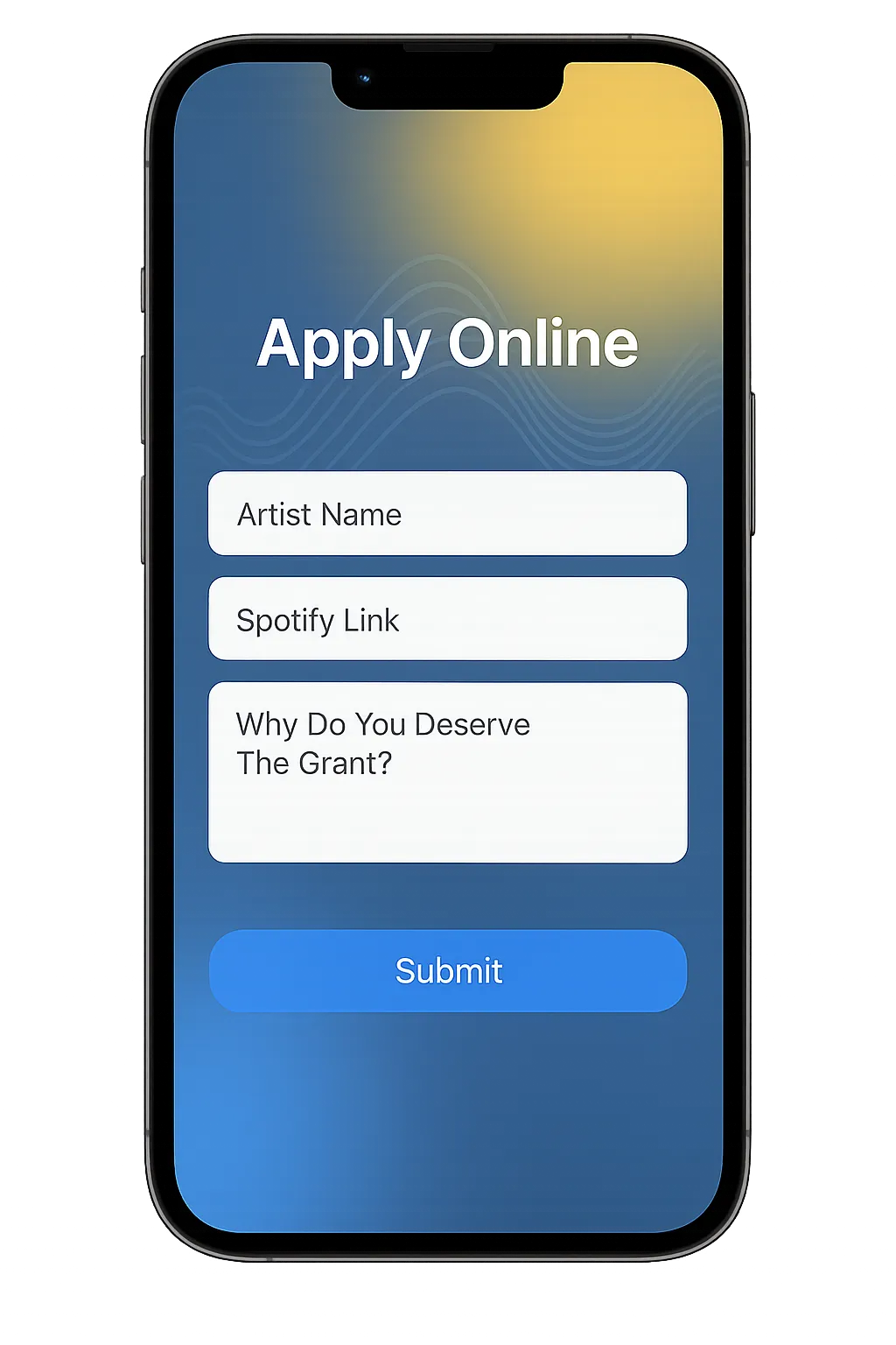 iPhone mockup showing online application screen